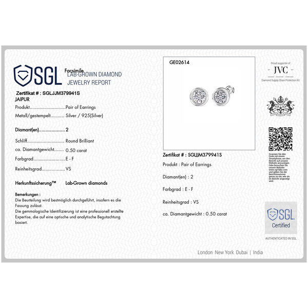 LUXURIANT 1 ct. SGL zertifizierte VS-EF Labor Diamant Ohrringe, 925 Silber rhodiniert image number 3