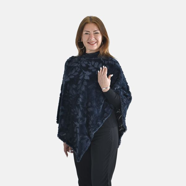 Kunstfell Poncho mit Blattmuster, Marineblau image number 4