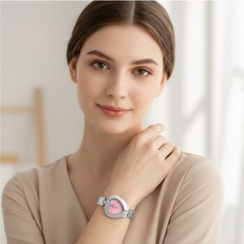 GENOA TIME - Herz-Armbanduhr Legierung, nickelfreies Messing, silberfarben, mit wei&szlig;en Kristallen, Zifferblatt Rosa-Sunshine, 3 ATM wasserdicht
