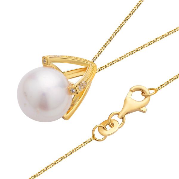 Wei&szlig;e Edison Perle, wei&szlig;er Zirkon Anh&auml;nger mit Kette im Schmuckset, 925 Silber Gelbgold Vermeil ca. 0.12 ct image number 4