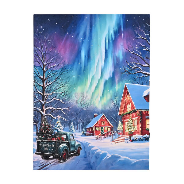 LED-Leinwandbild Winterlandschaft mit Polarlicht, mit 2 warmweißen LEDs und 30 Lichtfasern, 30x40x1,8cm, Mehrfarbig image number 0