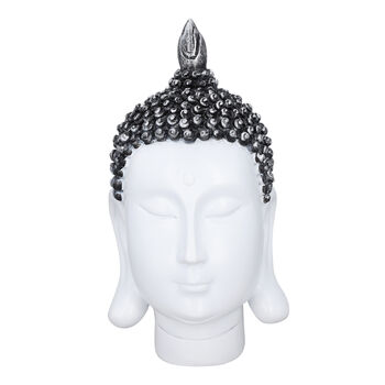 Buddha Kopf Figur, Gr&ouml;&szlig;e 10,5x10x20 cm, Wei&szlig;, Schwarz und Silber