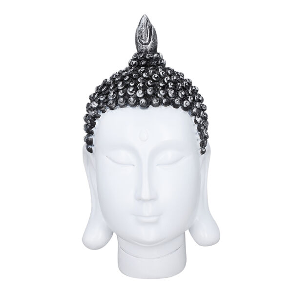 Buddha Kopf Figur, Gr&ouml;&szlig;e 10,5x10x20 cm, Wei&szlig;, Schwarz und Silber