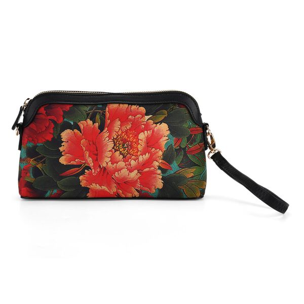 LA MAREY Crossbody Tasche aus 80% Seidenbrokat und 20% Echtleder, Blumenmuster, 24x5.5x14cm, Schwarz-rot image number 5