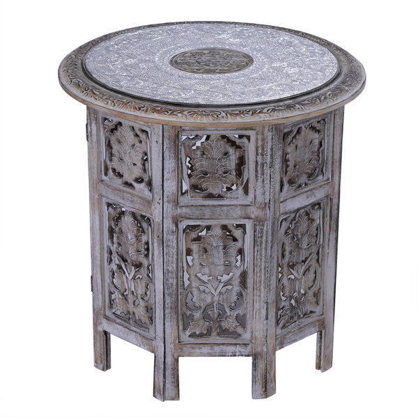 NAKKASHI - handgeschnitzter klappbarer Tisch aus Mangoholz mit handgepr&auml;gter Aluminiumplatte, 53x53x53 cm, wei&szlig; image number 8