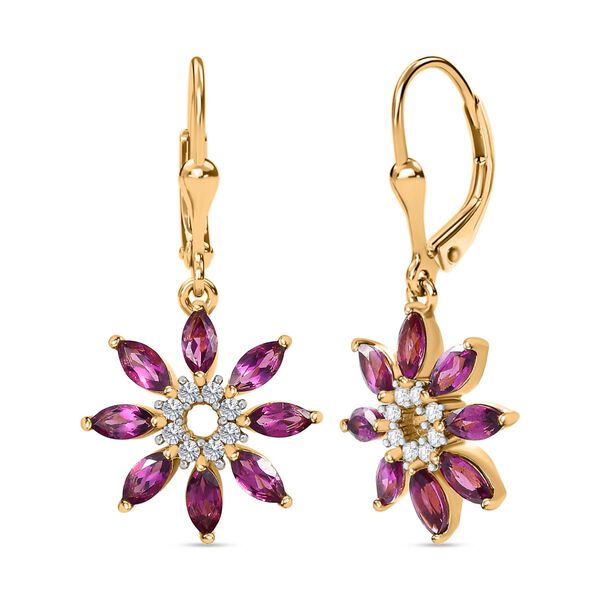 Rhodolith Granat, Wei&szlig;er Zirkon Ohrringe 925 Silber Gelbgold Vermeil ca. 3,17 ct.