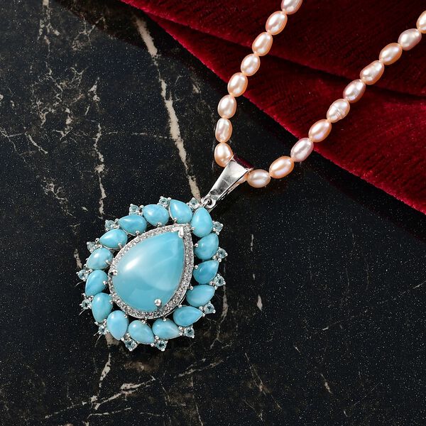 D'Joy Larimar, S&uuml;&szlig;wasser Perle, Neon Apatit und Zirkon Anh&auml;nger mit 45cm Kette - 64,93  ct. image number 2