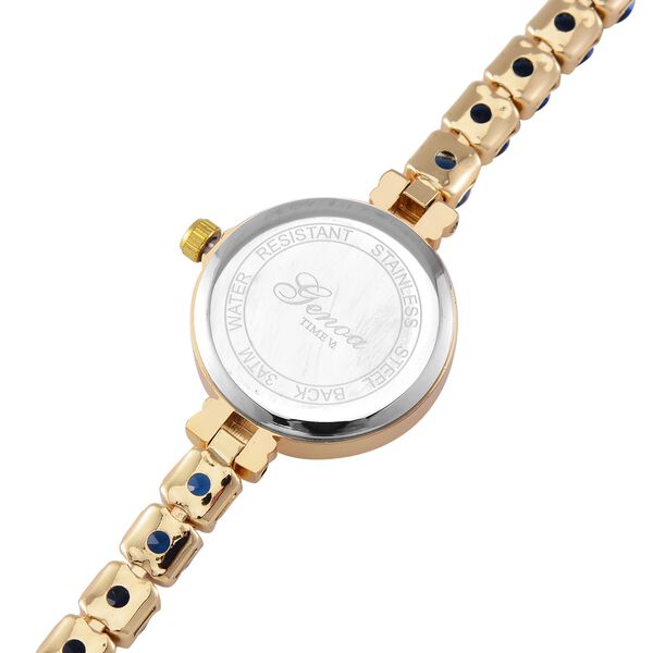 Genoa Time V2 - PC21S Japanisches Uhrwerk, Gehäuse mit weißen Kristallakzenten und PNP-Goldplattierung, runder Zifferblatt mit weißen Ziffern und Kristallen, Kupferkette mit blauen Zirkonia image number 5