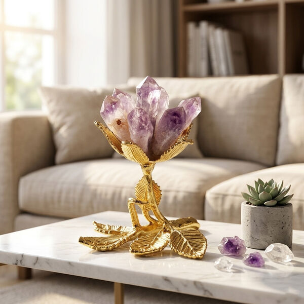 Kristallbl&uuml;ten Dekofigur mit goldfarbenem Metallsockel, Lila image number 1