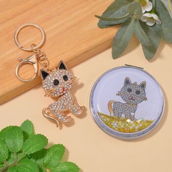 2er Set - Schwarzer Kristall, Katze-Set: Schl&uuml;sselanh&auml;nger und Spiegel, emailliert, goldfarben