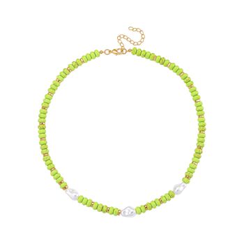 Wei&szlig;e Muschelkernperle, Gr&uuml;ner Howlit Halskette, ca. 50 cm + 5 cm Extender, goldfarben