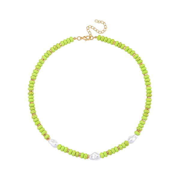 Wei&szlig;e Muschelkernperle, Gr&uuml;ner Howlit Halskette, ca. 50 cm + 5 cm Extender, goldfarben image number 3