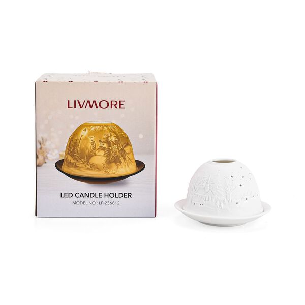 LED-Porzellan-Teelichthalter - Motiv Winterkapelle, 13-Farben-LED mit Fernbedienung, Durchmesser 10,5 cm, H&ouml;he 7,5 cm