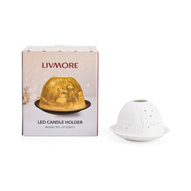 LED-Porzellan-Teelichthalter - Motiv Winterkapelle, 13-Farben-LED mit Fernbedienung, Durchmesser 10,5 cm, Höhe 7,5 cm LED-Porzellan-Teelichthalter - Motiv Winterkapelle, 13-Farben-LED mit Fernbedienung, Durchmesser 10,5 cm, Höhe 7,5 cm