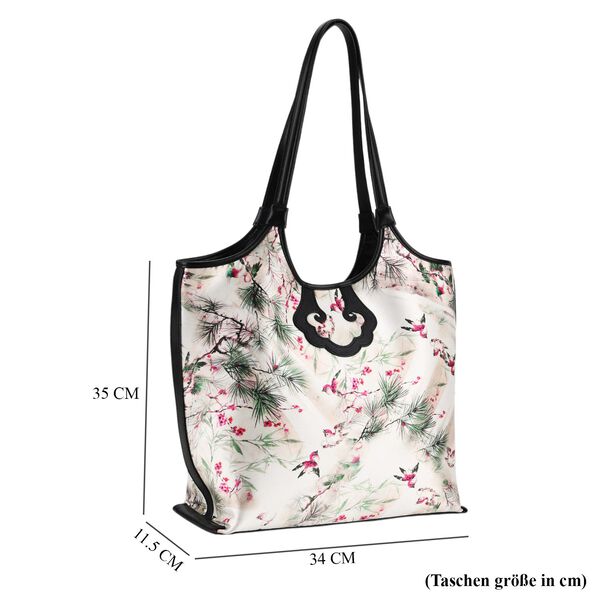 LA MAREY Brokat Handtasche aus Seide und Echtleder, 34x35x11,5cm, Wei&szlig; mit lila Blumen image number 6