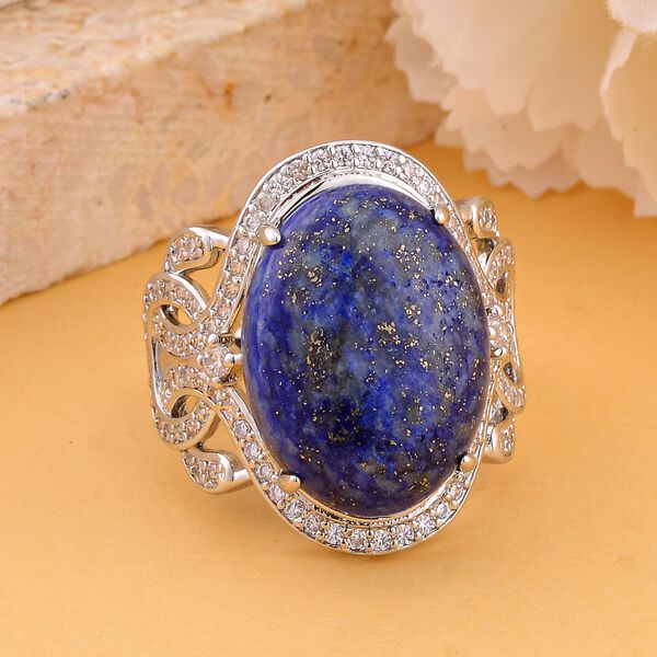 Lapislazuli, wei&szlig;er Zirkon Ring, Messing (Gr&ouml;&szlig;e 16.00) ca. 15,30 ct image number 2