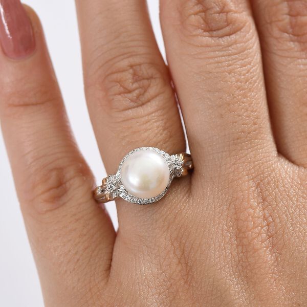 Süßwasser Perle (9.5-10 mm), Weißer Zirkon Ring, Messing (Größe 17.00) image number 3