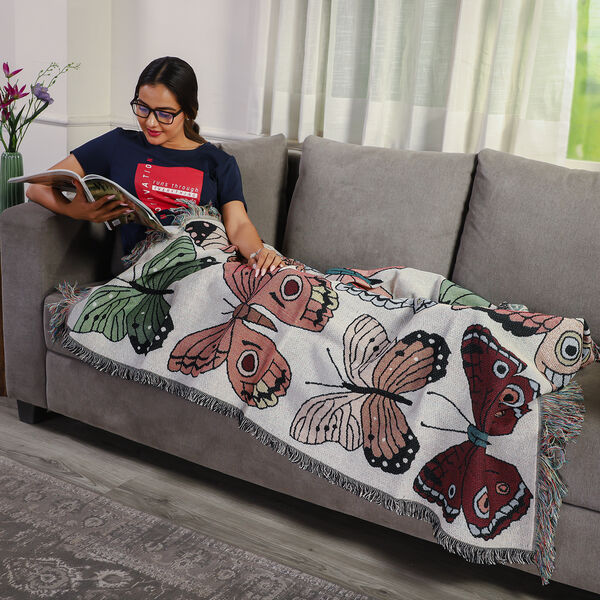 100% Baumwolle, handgewebte Jacquard-H&auml;keldecke mit Fransen, Schmetterlingsmuster, Gr&ouml;&szlig;e 130x150 cm, Mehrfarbig image number 2