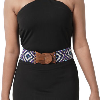 Handgefertigter, dehnbarer Perleng&uuml;rtel mit Holzschnalle im Santa-Fe Stil, Rautenmuster, Blau/wei&szlig;