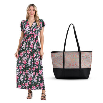 Maxikleid mit gesmokter Taille und Volant&auml;rmeln und Tragetasche mit Blumenmuster