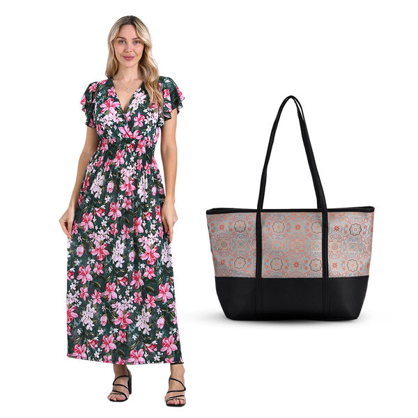 Maxikleid mit gesmokter Taille und Volant&auml;rmeln und Tragetasche mit Blumenmuster image number 0