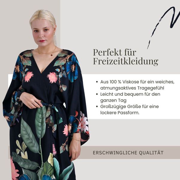 Kimono mit G&uuml;rtel, tropischem Blumenmuster, 128&times;78 cm, Dunkelblau image number 3