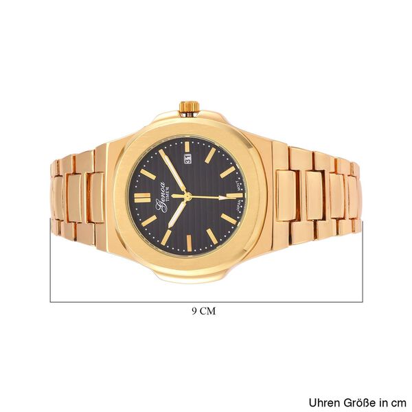 Genoa Time V2 -  Japanisches PC32 Uhrwerk, Datumsanzeige, PNP-Gold-Geh&auml;use, schwarzes Zifferblatt mit Hydraulik-Design, Edelstahlarmband image number 7