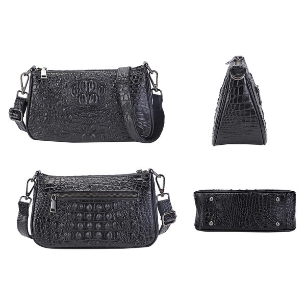 Schultertasche aus 100% echtem Leder mit Kroko-Prägung, Schwarz  image number 4