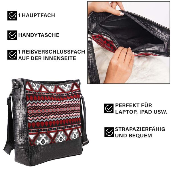Crossbody Bag mit Krokopr&auml;gung aus echtem Leder und Jacquard mit Laptop-H&uuml;llen, schwarz image number 6