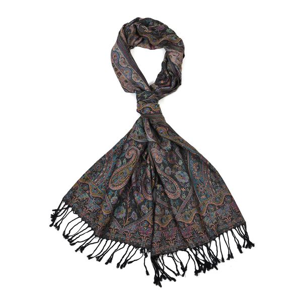 Schal mit Quasten und Paisleymuster, 70x180 cm, Schwarz