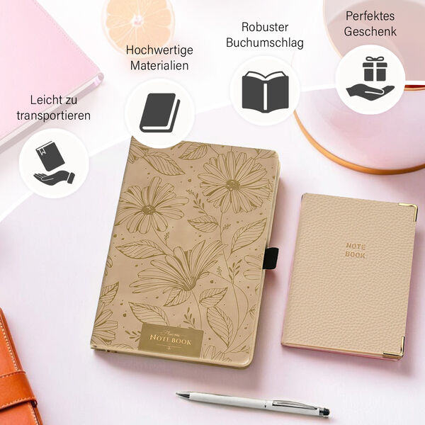 Premium Set; Notizbuch und Taschentagebuch mit geschnitztem, samtigem Hardcover und Kugelschreiber, Beige image number 4