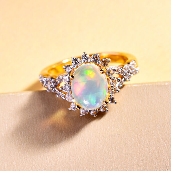 Natürlicher, äthiopischer Opal und weißer Zirkon-Ring, 925 Silber Gelbgold Vermeil  ca. 1,87 ct image number 2