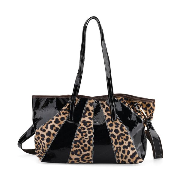 Chaos by Elsie- Echtleder-Shopper, RFID-Schutz, Leopard Patchwork mit Hochglanz Optik, 33x13x24cm, Schwarzbraun