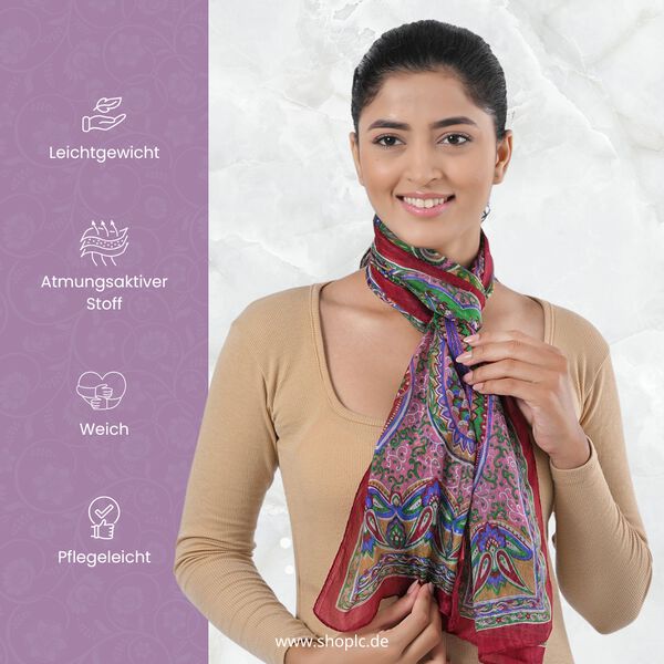 Bedruckter Schal aus 100% Seide, Mehrfarbiges Muster mit weinroter Bordüre, 70x200 cm image number 3