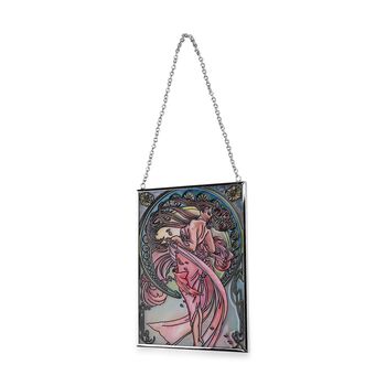 Handbemalter Glas Suncatcher mit Kette, silberfarbenem Rahmen, Alphonse Mucha Motiv Art-Deko, 12x15 cm