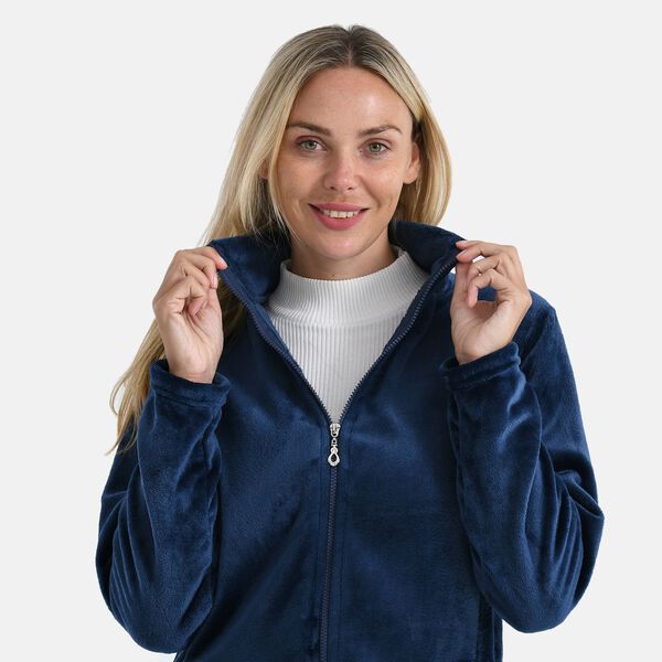 LA MAREY - Velvet Kuschel Jacke mit Rei&szlig;verschluss und Taschen, Marineblau, L / XL image number 5