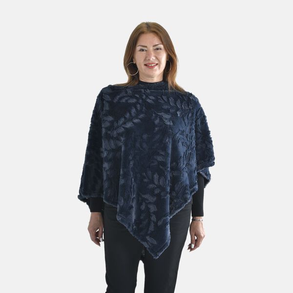 Kunstfell Poncho mit Blattmuster, Marineblau image number 3