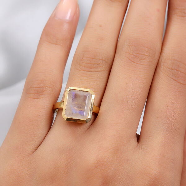 Regenbogen Mondstein Solit&auml;r-Ring, 925 Silber Gelbgold Vermeil  ca. 5,57 ct image number 3