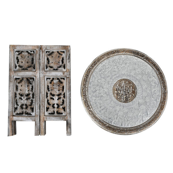 NAKKASHI - handgeschnitzter klappbarer Tisch aus Mangoholz mit handgepr&auml;gter Aluminiumplatte, 53x53x53 cm, wei&szlig; image number 4