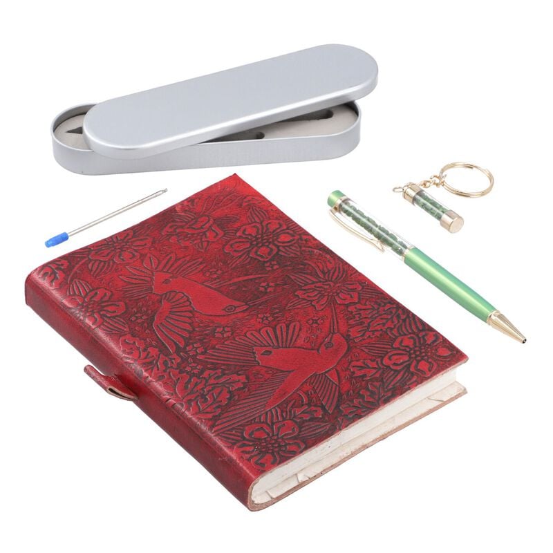 3er Set - Notizbuch mit Einband aus 100% echtem Leder, Kugelschreiber und Schlüsselanhänger gefüllt mit echtem Chromdiopsid image number 0