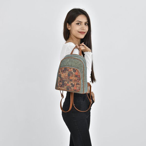 Rucksack aus Naturkork mit Kunstleder-Griffen, Bohème Muster, Blau image number 2