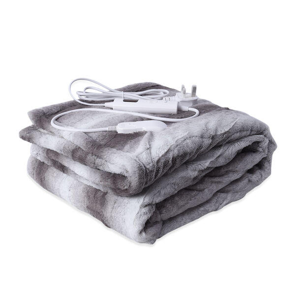 SERENITY NIGHT: Elektrisch beheizbare Kunstpelzdecke aus weichem, kuscheligem Plüsch, 2-lagig, Streifenmuster, Weiß image number 2