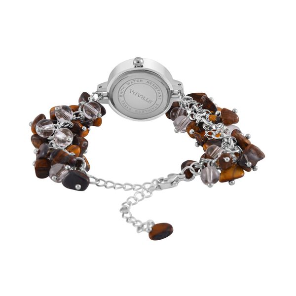 Strada Tigerauge-Perlenuhr, Japanisches Uhrwerk, Legierungsgeh&auml;use, Wei&szlig; mit schwarzen Ziffern image number 4