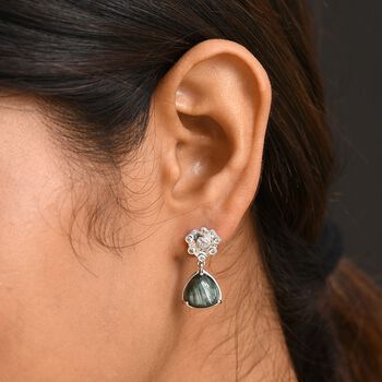 Viktorianische Bl&uuml;te - Sibirischer Seraphinite, Wei&szlig;er Zirkon Ohrringe, 925 Silber platiniert ca. 7.69 ct