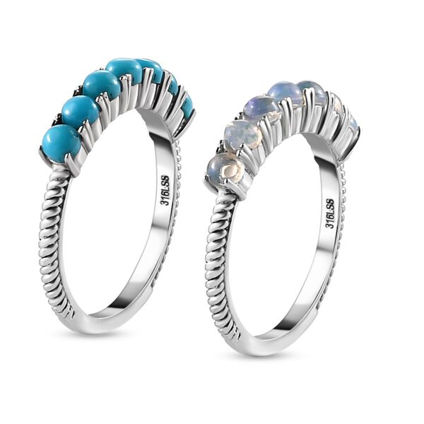 2er Set - Sleeping Beauty Türkis und natürlicher, äthiopischer Opal Ring, Edelstahl, ca. 1,44 ct image number 6