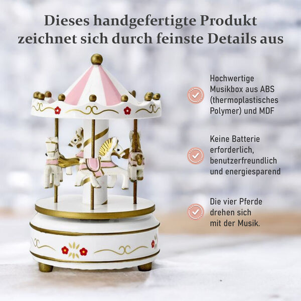Holzkarussell Musikbox mit 4 Pferden, weiß und gold image number 6