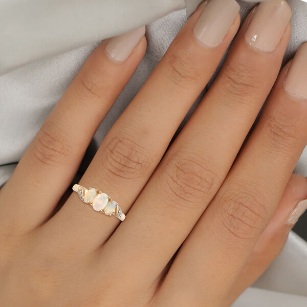 Nat&uuml;rlicher &Auml;thiopischer Opal Opal und Zirkon 3 Stein Ring 925 Silber 585 Vergoldet