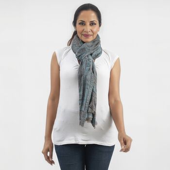 Premium Kollektion - gewebter Schal, Natur Seide und Wolle, Jamawar Design, 70x200 cm, Dunkelblau