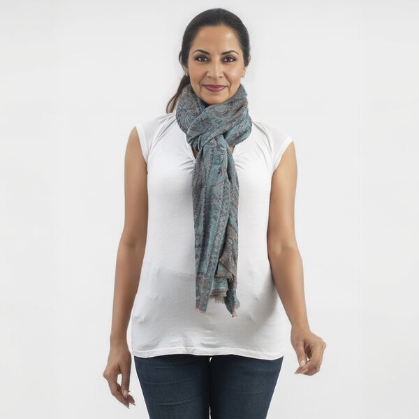 Premium Kollektion - gewebter Schal, Natur Seide und Wolle, Jamawar Design, 70x200 cm, Dunkelblau