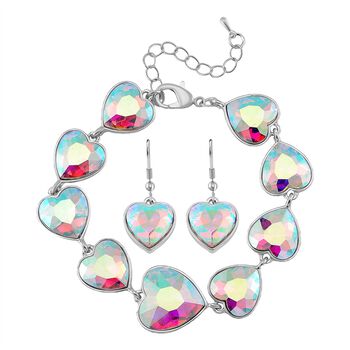 2er Set - Simulierter Mystischer Wei&szlig;er Kristall Armband und Ohrringe, silberfarben